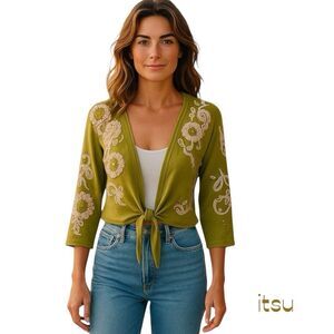 itsu Chartreuse Silk Blend Embroidered Shrug Sweater NWOT Size M